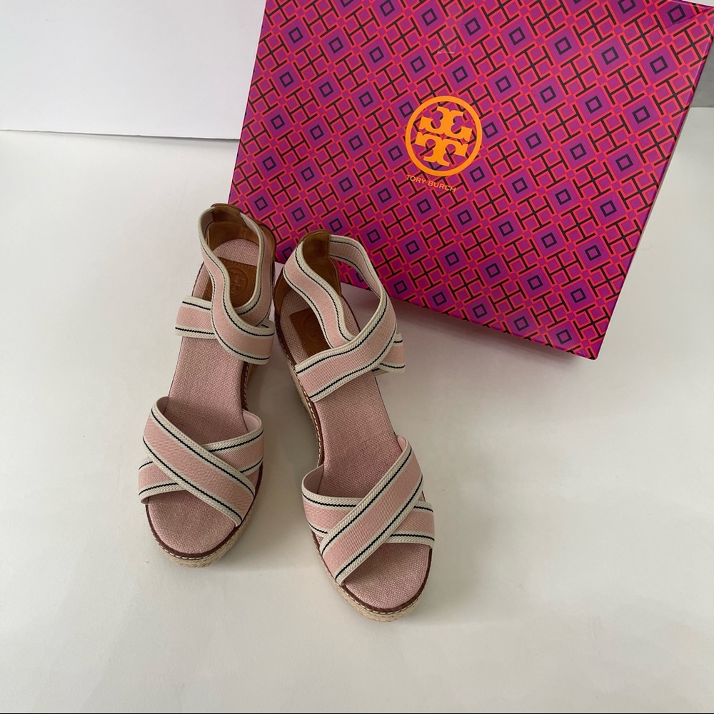Tory Burch Frieda Espadrille -Stretch Webbing /Calf Leather &Strap Wedge Sandal - Picture 2 of 16